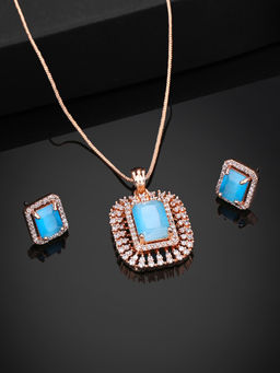 Estele - Rose Gold Plated Cz Sparkling Square Pendant Set With Mint Blue Stones