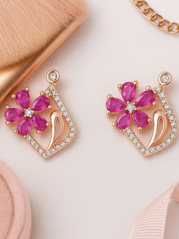 Estele - Rose Gold Plated CZ Flower Shaped Stud Earrings with Ruby Stones For Women