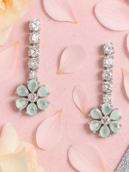Estele - Rhodium Plated CZ Flower Designer Drop Earrings with Mint Green Stones For Women