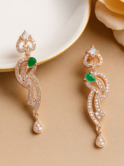 Estele - Rose Gold Plated CZ Glittering Drop Earrings with Green Stones Women
