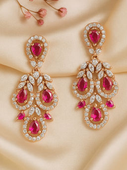 Estele - Rose Gold Plated CZ Gorgeous Drop Earrings with Ruby Stones For Women