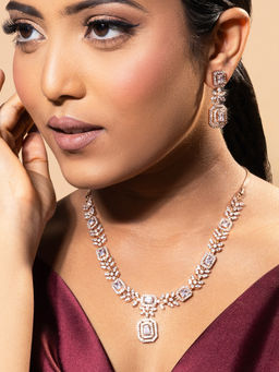 Estele - Rose Gold Plated Cz Dazzling Designer Necklace Set with White Stones for Women (Set of 2)