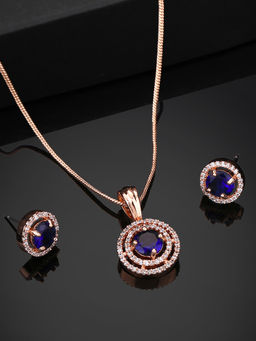 Estele - Rose Gold Plated Cz Circular Pendant Set with Blue Stones for Girls and Women (Set of 2)