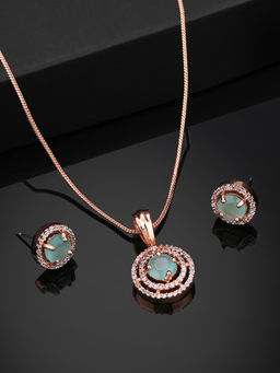 Estele - Rose Gold Plated Cz Circular Pendant Set with Mint Green Stones for Women (Set of 2)