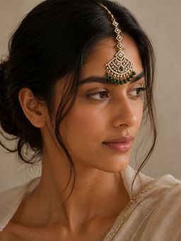 Abdesigns - Mehendi Gold Oxidised Plated Green American Diamond Maang Tikka