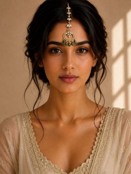 Abdesigns - Mehendi Gold Oxidised Plated Green American Diamond Maang Tikka