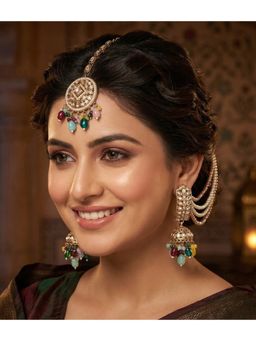 NUI - Gold Plated Earrings Attached Ear Chain with Maang Tikka