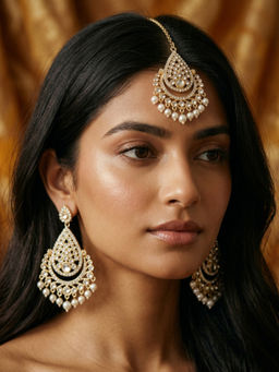 NUI - Gold Plated Pearl Kundan Earrings with Maang Tikka
