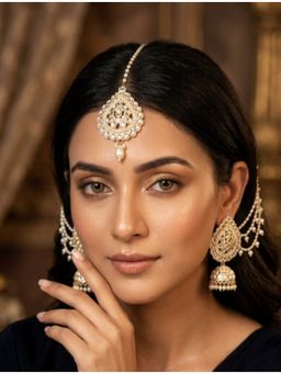 NUI - Gold Plated Pearl Kundan Jhumka Attached Ear Chain with Maang Tikka