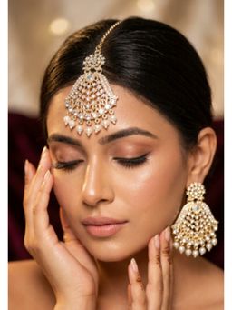 NUI - Gold Plated Pearl Kundan Earrings with Maang Tikka