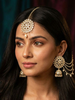 NUI - Gold Plated Pearl Kundan Jhumka Attached Ear Chain with Maang Tikka