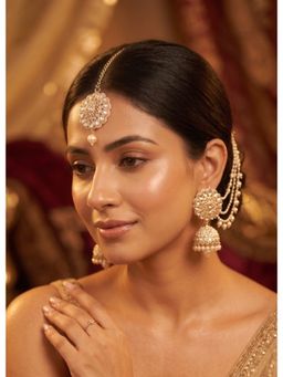 NUI - Gold Plated Pearl Kundan Jhumka Attached Ear Chain with Maang Tikka