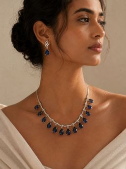 Abdesigns - Elegant Silver Plated American Diamond Blue Necklace Set