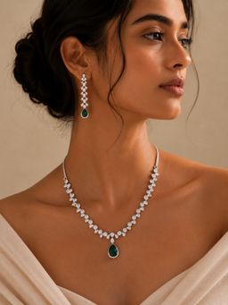 Abdesigns - Elegant Silver Plated American Diamond Green Necklace Set