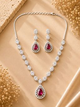 Abdesigns - Elegant Silver Plated American Diamond Red Necklace Set