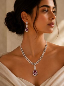 Abdesigns - Elegant Silver Plated American Diamond Red Necklace Set