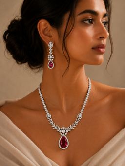 Abdesigns - Elegant Silver Plated American Diamond Red Necklace Set