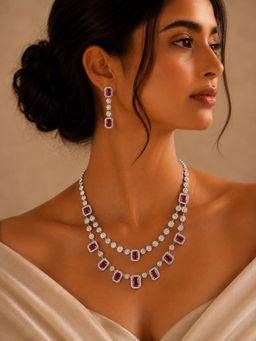 Abdesigns - Elegant Silver Plated American Diamond Red Necklace Set