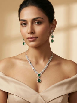 Abdesigns - Elegant Silver Plated American Diamond Green Necklace Set