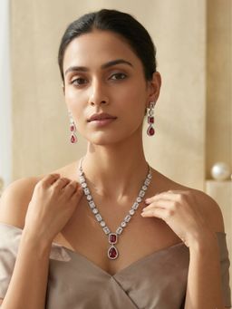 Abdesigns - Elegant Silver Plated American Diamond Red Necklace Set