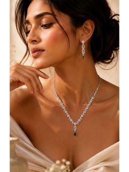 Abdesigns - Elegant Silver Plated American Diamond Green Necklace Set