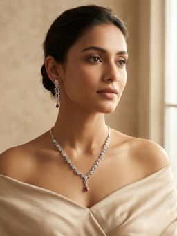 Abdesigns - Elegant Silver Plated American Diamond Red Necklace Set