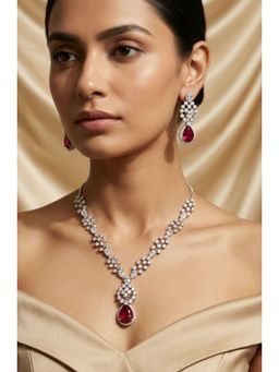 Abdesigns - Elegant Silver Plated American Diamond Red Necklace Set