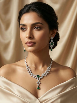 Abdesigns - Elegant Silver Plated American Diamond Green Necklace Set
