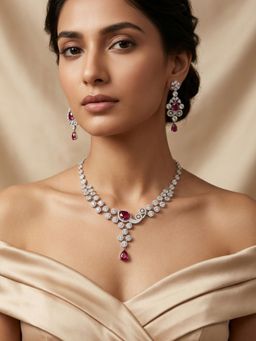 Abdesigns - Elegant Silver Plated American Diamond Red Necklace Set