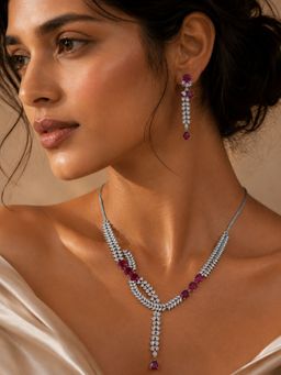 Abdesigns - Elegant Silver Plated American Diamond Red Necklace Set