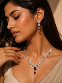 Abdesigns - Elegant Silver Plated American Diamond Red Necklace Set