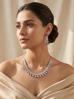 Abdesigns - Elegant Silver Plated American Diamond Red Necklace Set
