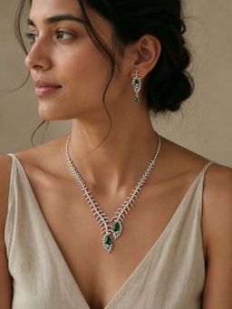 Abdesigns - Elegant Silver Plated American Diamond Green Necklace Set