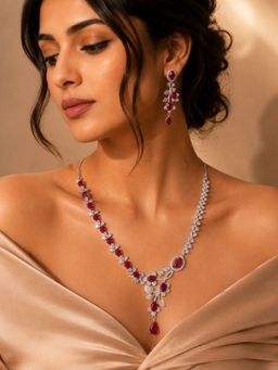 Abdesigns - Elegant Silver Plated American Diamond Red Necklace Set