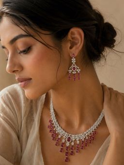 Abdesigns - Elegant Silver Plated American Diamond Red Necklace Set