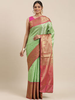 Banarasi Silk Works - Green Kanchi Silk Pattu Border Saree with Unstitched Blouse