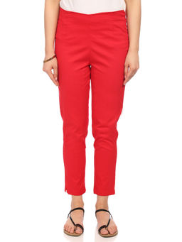 Rangriti - Women Red Cotton Slim Pants