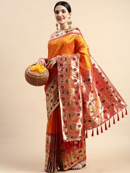 Vastranand - Floral Zari Woven Design Kanjeevaram Banarasi Silk Blend Saree with Unstitched Blouse