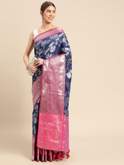 Vastranand - Paisley Floral Zari Woven Design Kanjeevaram Banarasi Saree with Unstitched Blouse