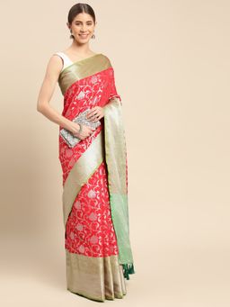 Vastranand - Paisley Floral Zari Woven Design Kanjeevaram Banarasi Saree with Unstitched Blouse