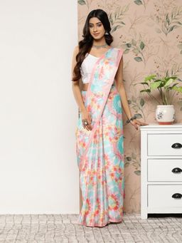 Vastranand - Digital Floral Satin Saree- Tassel Border with Unstitched Blouse