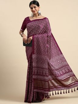 Vastranand - Chevron Bandhani Print Designer Poly Silk Saree with Unstitched Blouse