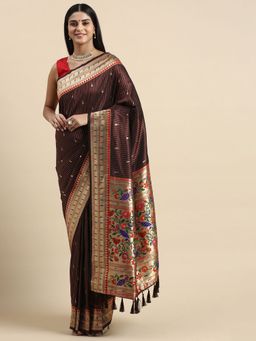 Vastranand - Kanjeevaram Stripes Pattern Zari Woven Design Silk Saree with Unstitched Blouse