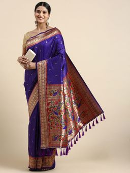 Vastranand - Kanjeevaram Stripes Pattern Zari Woven Design Silk Saree with Unstitched Blouse