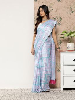 Vastranand - Digital Stripe Pattern Satin Saree with Unstitched Blouse