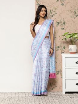 Vastranand - Digital Floral Satin Saree- Sky with Unstitched Blouse