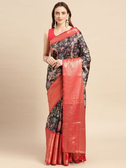 Vastranand - Kalamkari Floral Digital Zari Woven Banarasi Silk Blend Saree with Unstitched Blouse