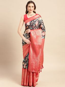 Vastranand - Kalamkari Floral Digital Zari Woven Banarasi Silk Blend Saree with Unstitched Blouse