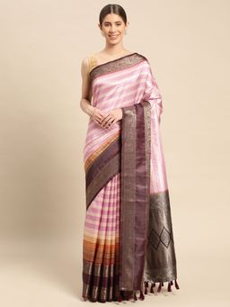 Vastranand - Stripes Pattern Zari Silk Blend Banarasi Saree with Unstitched Blouse