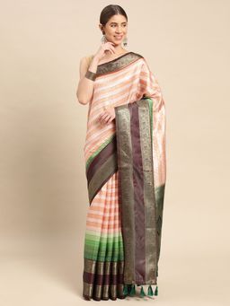 Vastranand - Stripes Pattern Zari Silk Blend Banarasi Saree with Unstitched Blouse